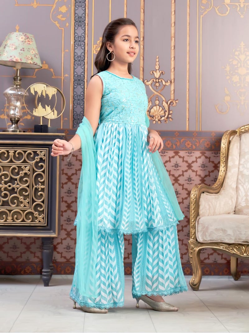 aarikka Aarika Girls Ethnic Wear Sea Green Colour Beads Sequins Embroidery Georgette Kurti Sharara Set (5-16 Years) - Image 2