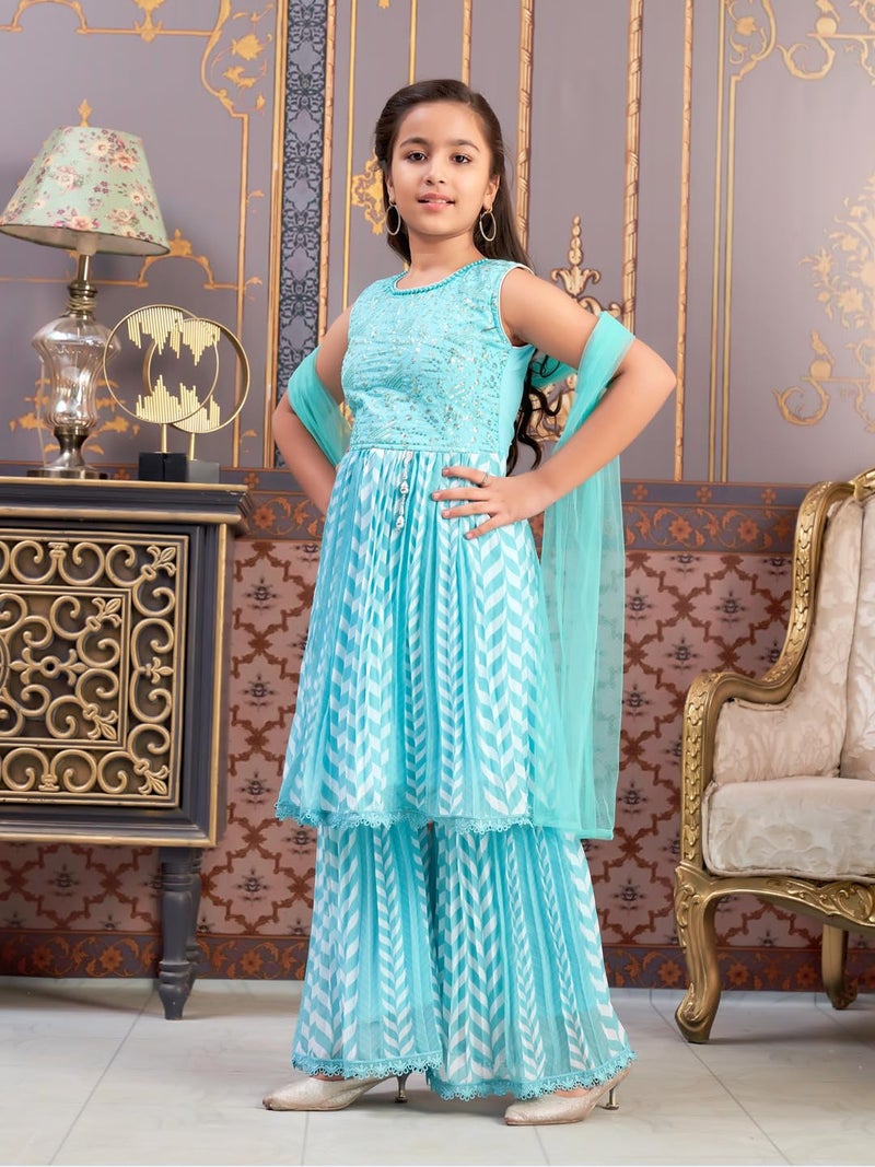 aarikka Aarika Girls Ethnic Wear Sea Green Colour Beads Sequins Embroidery Georgette Kurti Sharara Set (5-16 Years) - Image 3