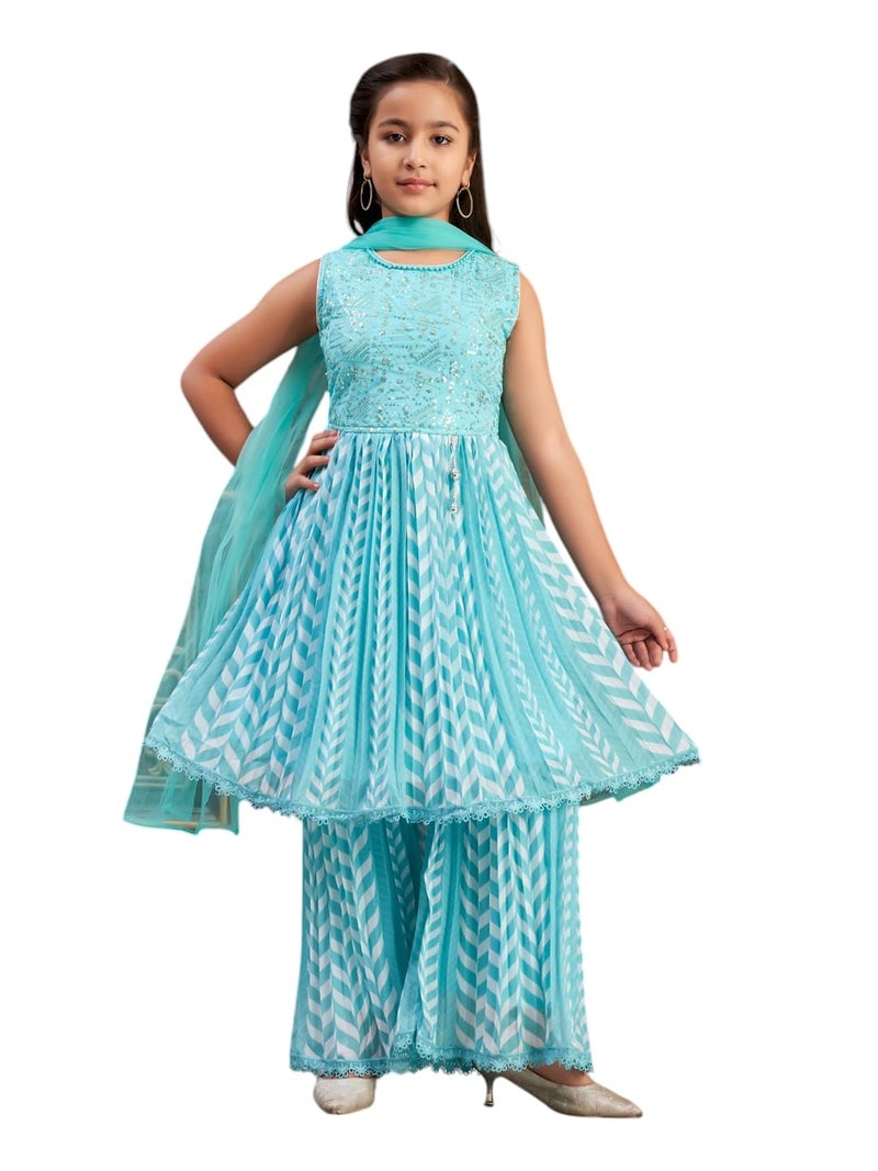 aarikka Aarika Girls Ethnic Wear Sea Green Colour Beads Sequins Embroidery Georgette Kurti Sharara Set (5-16 Years) - Image 1