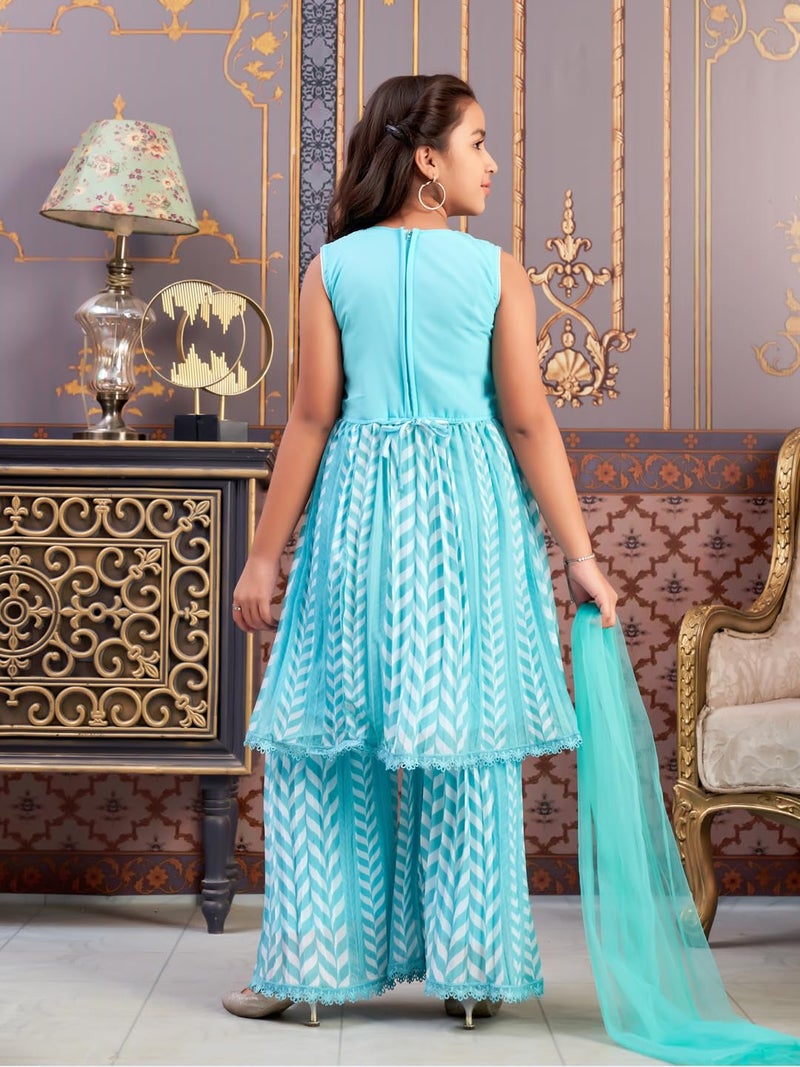 aarikka Aarika Girls Ethnic Wear Sea Green Colour Beads Sequins Embroidery Georgette Kurti Sharara Set (5-16 Years) - Image 4