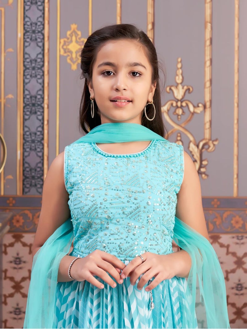 aarikka Aarika Girls Ethnic Wear Sea Green Colour Beads Sequins Embroidery Georgette Kurti Sharara Set (5-16 Years) - Image 5