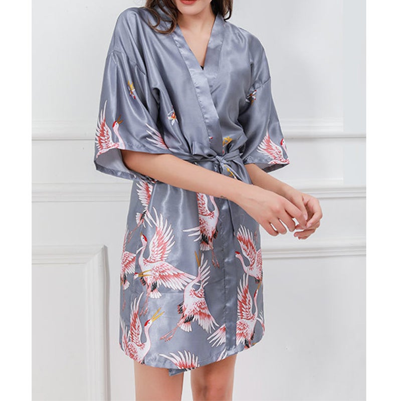 Fashionable Nightgown Artificial Silk V Collar Adjustable Belt Robes Sleepwear For Ladies (Size XXL Grey) - Image 3