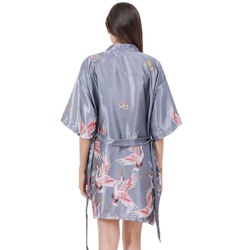 Fashionable Nightgown Artificial Silk V Collar Adjustable Belt Robes Sleepwear For Ladies (Size XXL Grey) - Image 1
