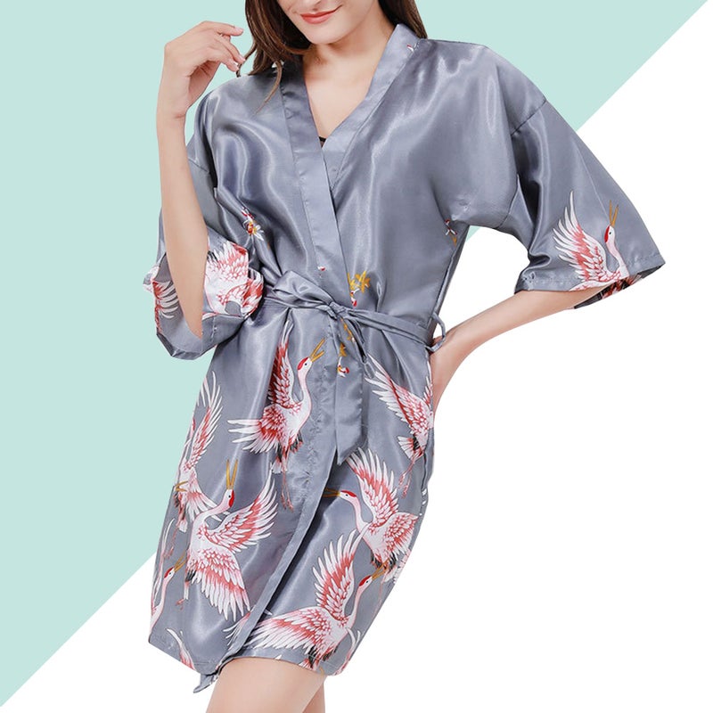 Fashionable Nightgown Artificial Silk V Collar Adjustable Belt Robes Sleepwear For Ladies (Size XXL Grey) - Image 5