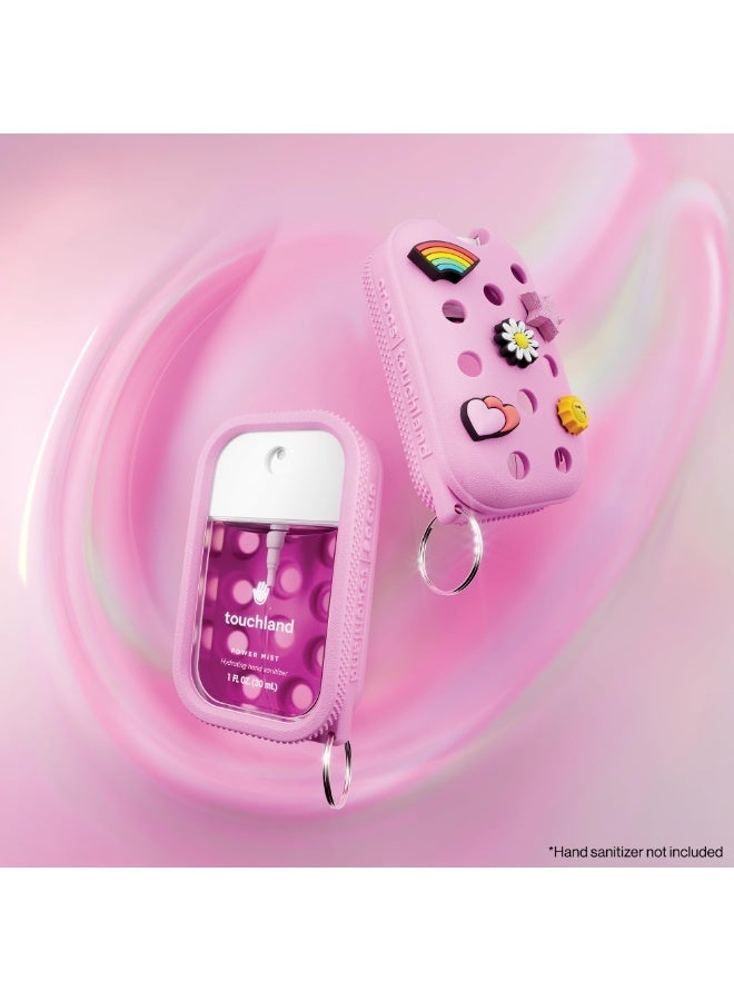 Limited Edition Mist Case 1 Fl. OZ., Stylish Hand Sanitizer Spray Accessory, with 5 Jibbitz Charms and Keyring, Sugarpop Pink Color - Image 3