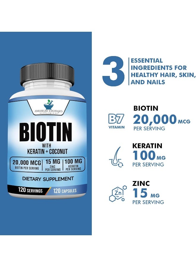 American Standard Supplements Adult's Biotin Organic Coconut & Zinc Hair Growth Capsules (20000mcg,120 Pieces) - Image 5