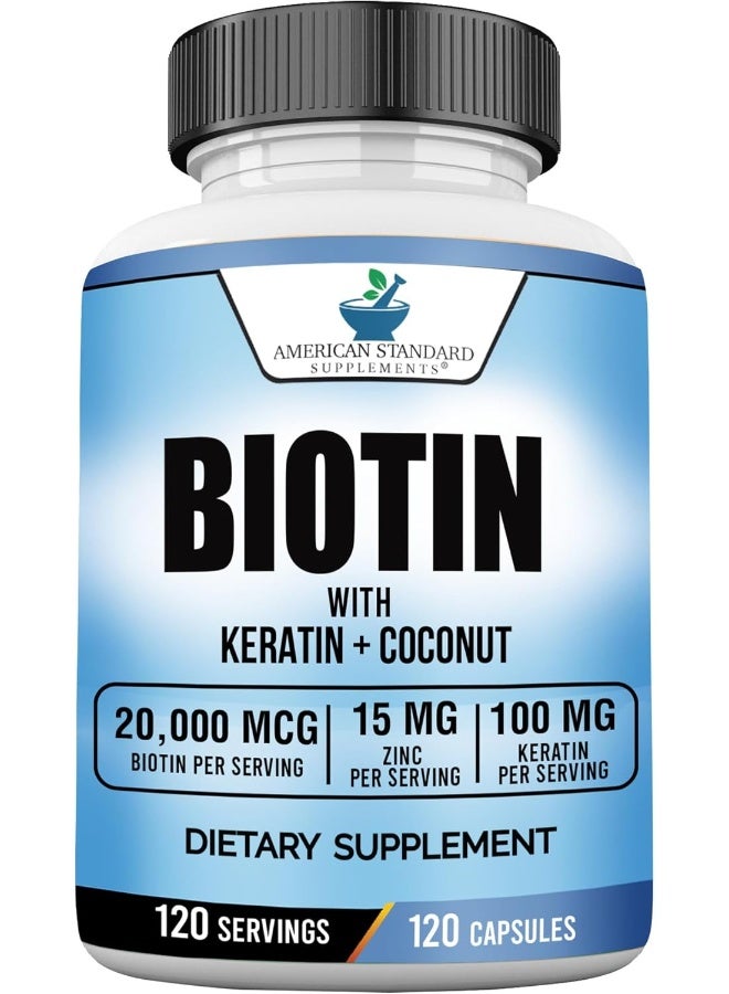 American Standard Supplements Adult's Biotin Organic Coconut & Zinc Hair Growth Capsules (20000mcg,120 Pieces) - Image 1
