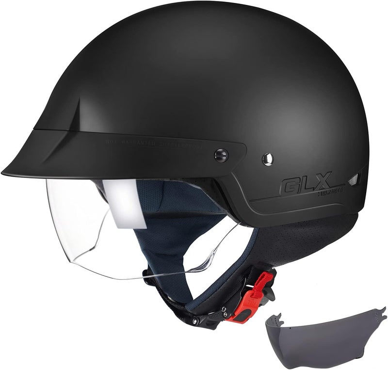 GLX M14 Cruiser Scooter Motorcycle Half Helmet with Free Tinted Retractable Visor DOT Approved (Matte Black, Small) - Image 1