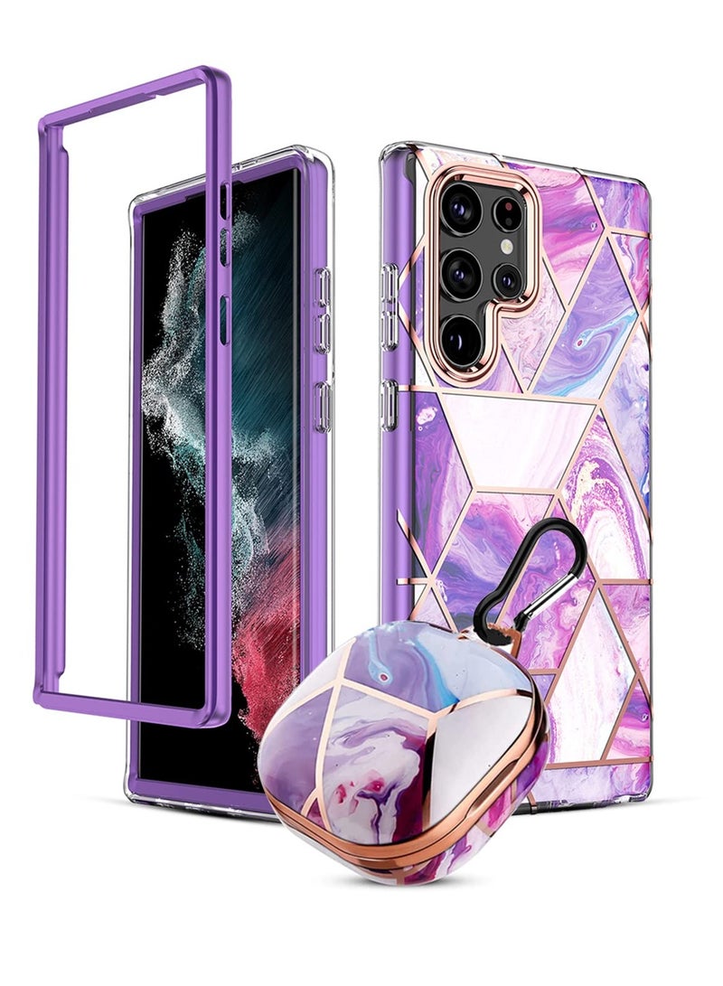 O Ozone Marble Bundle for Samsung Galaxy S24 5G Ultra Case + Galaxy Buds Case, Full-Body Smooth Gloss Finish Marble Shockproof Bumper Stylish Cover (Purple) - Image 1