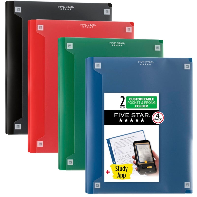 Five Star 2Pocket Folder Study App 4 Pack Plastic Folder with Prong Fasteners and Customizable Clear Cover Holds 812 x 11 Paper Black Pacific Blue Fire Red Forest Green 340220AECM