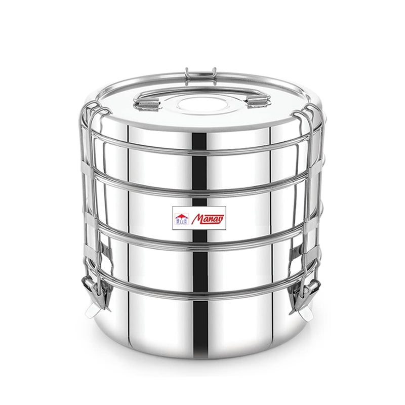 FUTENSILS Manav Stainless Steel Tiffin Box Clip Model4TierSize 11X4 with Single Plate Between Each Tier Used for Train Travelling Gifting and Picnic 5750ml 7 Inch Dia 174Kg - Image 1