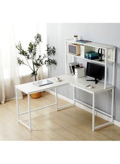 L-Shaped Desk with Hutch, Computer Desk Home Office Gaming Table Workstation with Storage Bookshelf White  140x148x120