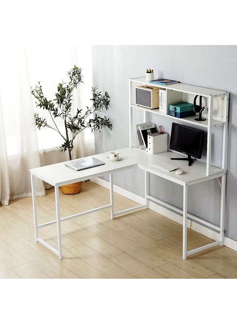 JANTENS - L-Shaped Desk with Hutch, Computer Desk Home Office Gaming Table Workstation with Storage Bookshelf White  140x148x120 - Image 1