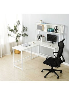 JANTENS L-Shaped Desk with Hutch, Computer Desk Home Office Gaming Table Workstation with Storage Bookshelf White  140x148x120  - Image 3