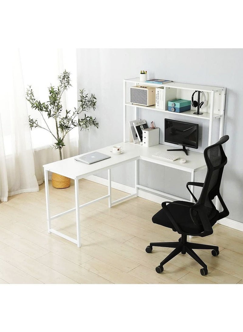 JANTENS - L-Shaped Desk with Hutch, Computer Desk Home Office Gaming Table Workstation with Storage Bookshelf White  140x148x120 - Image 1