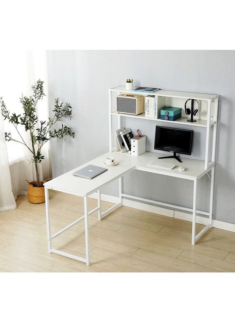 JANTENS - L-Shaped Desk with Hutch, Computer Desk Home Office Gaming Table Workstation with Storage Bookshelf White  140x148x120 - Image 1