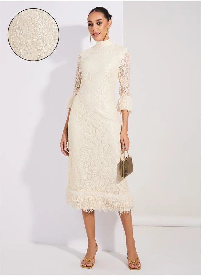 ستايلي Lace Insert Faux Fur Detail Sheath Midi Dress