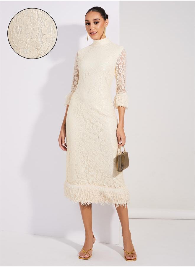 Styli Lace Insert Faux Fur Detail Sheath Midi Dress  - Image 1