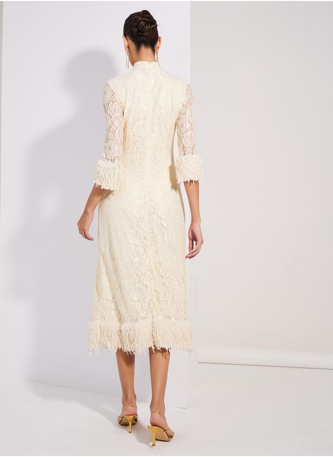 Styli Lace Insert Faux Fur Detail Sheath Midi Dress  - Image 4