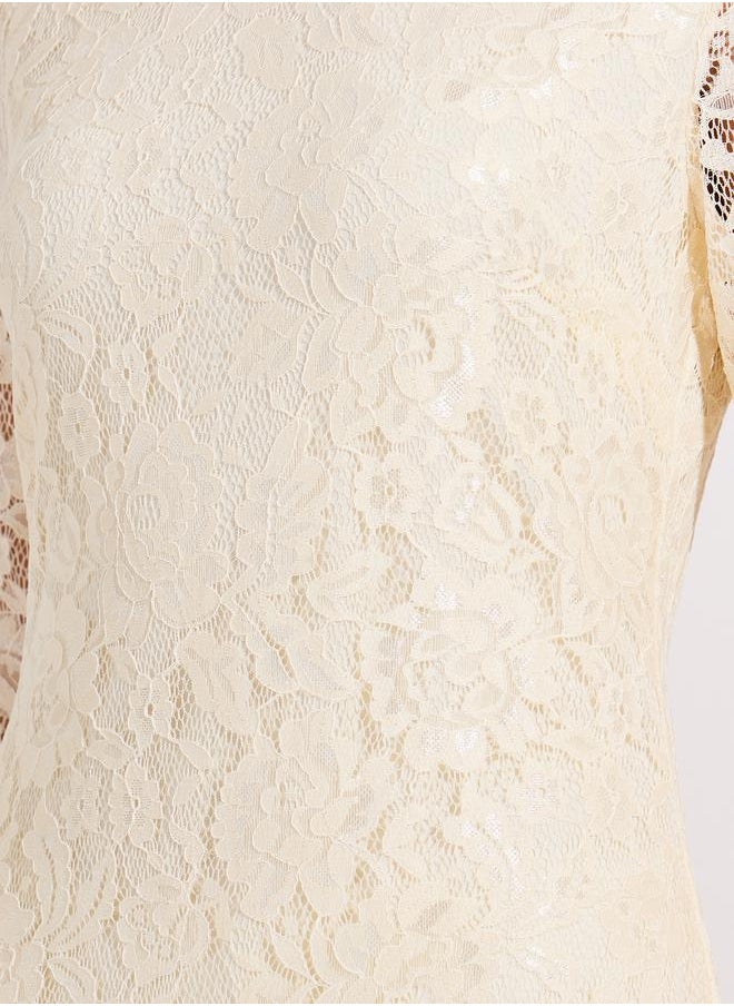 Styli Lace Insert Faux Fur Detail Sheath Midi Dress  - Image 3