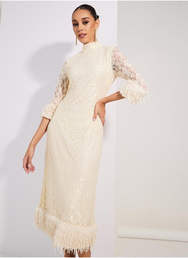 Styli Lace Insert Faux Fur Detail Sheath Midi Dress  - Image 2