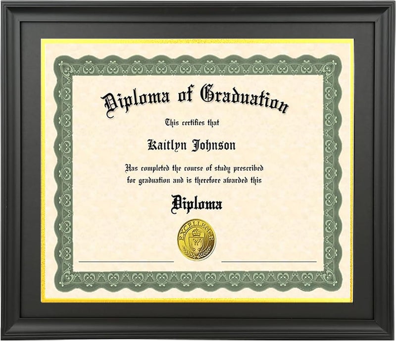 LTYHHK 8.5x11 Diploma Frame Solid Wood Black, Displays8.5x11 Diplomas with Black Over Gold Mat or 11x14 Inch Without Mat 8.5x11 Diploma Frame8.5x11 inch Certificate Frames (L23B1114BG8.511) - Image 1