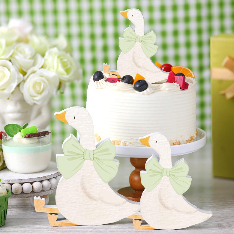 Lineshading 3 Pcs Silly Goose Birthday Party Decoration Sage Green Bow Wooden Silly Goose Baby Shower Decor Funny Table Centerpiece Gift for Party Favor Desk Tiered Tray, 5.9/4.7/3.9 Inch - Image 4