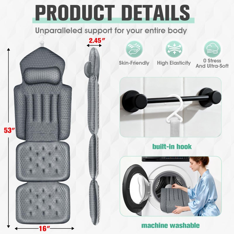 Ciavca Upgraded Full Body Bath Pillow for Bathtub,Luxury Thick Bath Cushion for Soaking Tub with 192 Suction Cups,Full Body Bathtub Pillows for Head and Neck Shoulder Support,4D Air Mesh, 53" x 16" Dark Gray - Image 2