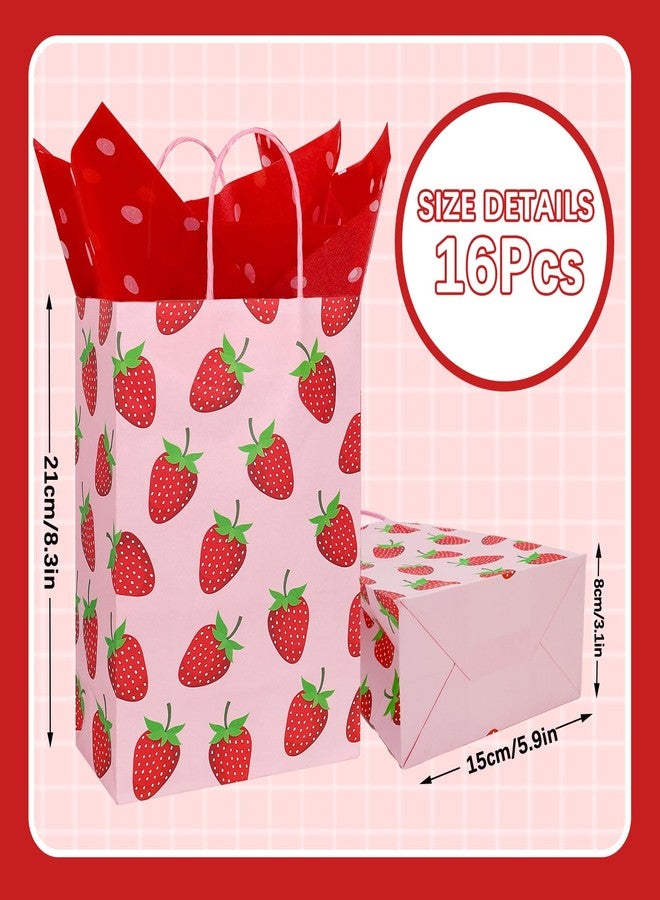 Whaline 16 Pcs Strawberry Party Favor Bags with 20 Sheets Red Tissue Paper Pink Paper Gift Bags with Handles Fruit Goodie Treat Bag for Sweet One Birthday Baby Shower Party Supplies - Image 2
