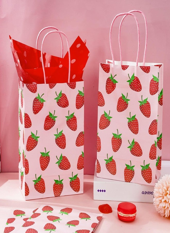 Whaline 16 Pcs Strawberry Party Favor Bags with 20 Sheets Red Tissue Paper Pink Paper Gift Bags with Handles Fruit Goodie Treat Bag for Sweet One Birthday Baby Shower Party Supplies - Image 4