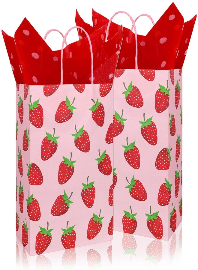 Whaline 16 Pcs Strawberry Party Favor Bags with 20 Sheets Red Tissue Paper Pink Paper Gift Bags with Handles Fruit Goodie Treat Bag for Sweet One Birthday Baby Shower Party Supplies - Image 1