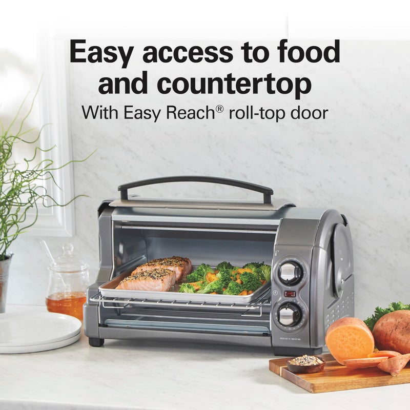 Hamilton Beach Easy Reach 4-Slice Countertop Toaster Oven With Roll-Top Door, 1200 Watts, Fits 9â€ Pizza, 3 Cooking Functions for Bake, Broil and Toast, Silver (31344DA) - Image 2