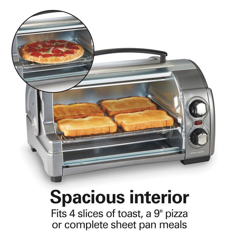 Hamilton Beach Easy Reach 4-Slice Countertop Toaster Oven With Roll-Top Door, 1200 Watts, Fits 9â€ Pizza, 3 Cooking Functions for Bake, Broil and Toast, Silver (31344DA) - Image 3