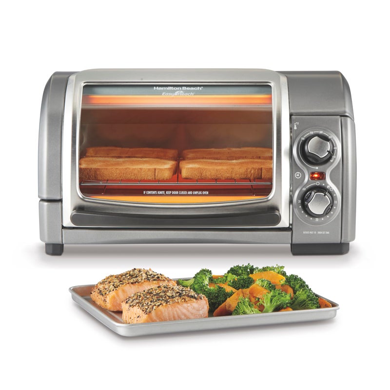 Hamilton Beach Easy Reach 4-Slice Countertop Toaster Oven With Roll-Top Door, 1200 Watts, Fits 9â€ Pizza, 3 Cooking Functions for Bake, Broil and Toast, Silver (31344DA) - Image 1