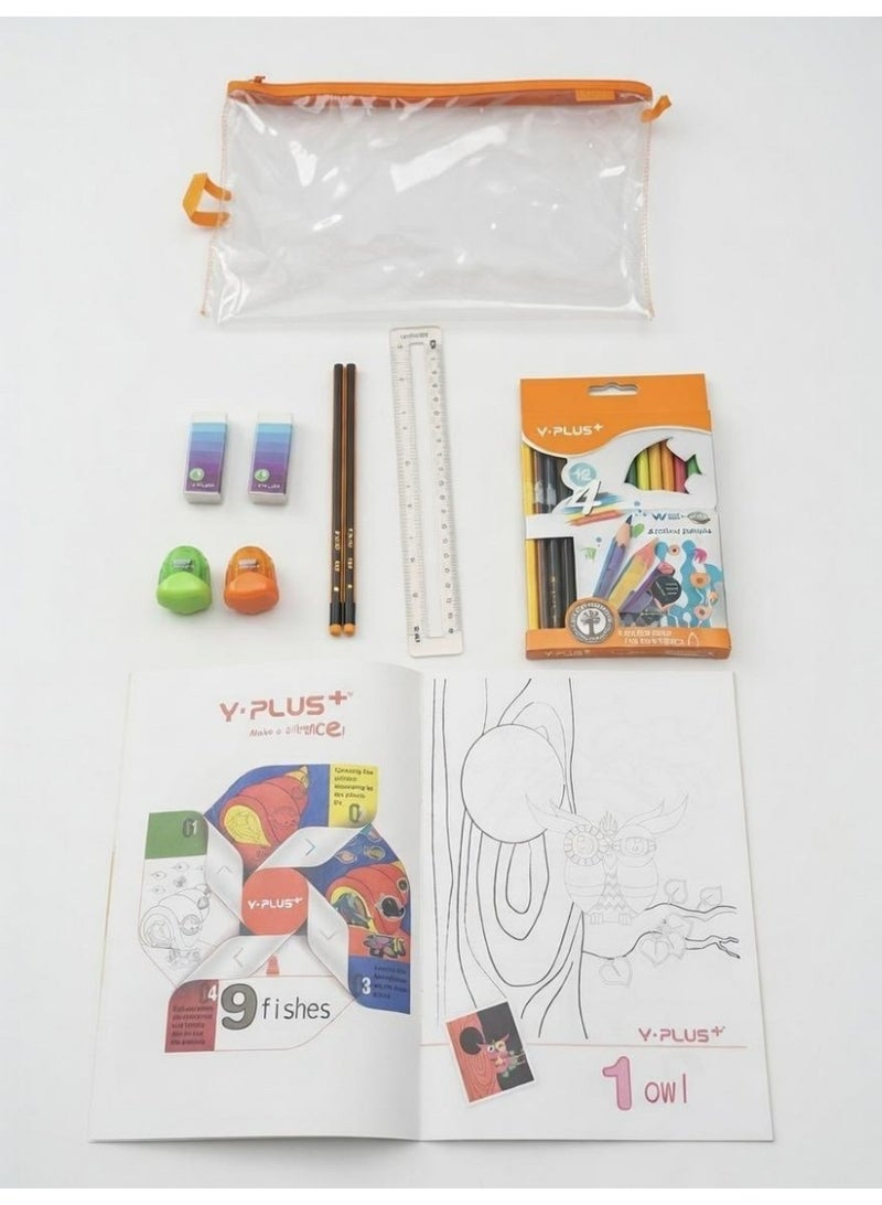 YPlus Y-PLUS+ Complete School Stationery Set - Treasure Bag includes 16 colored pencils, HB pencils, a ruler, an eraser, a sharpener, and a coloring book. A complete art and school stationery set for children. - Image 2