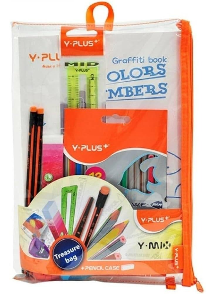 YPlus Y-PLUS+ Complete School Stationery Set - Treasure Bag includes 16 colored pencils, HB pencils, a ruler, an eraser, a sharpener, and a coloring book. A complete art and school stationery set for children. - Image 3