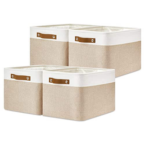 DULLEMELO Fabric Storage Bins for Laundry, Home, Foldable Storage Baskets for Shelves, Toys, Collapsible Storage Bins for Office, Closet,Bedroom(White&Khaki,15"x11"x9.5",4-Pack) - Image 1
