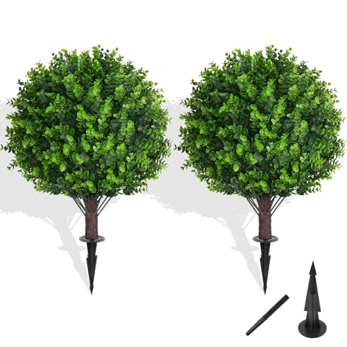 Grooy Artificial Topiary Tree with Eucalyptus Set of 2 Artificial Shrub Bushes with Ground Spike Fake Evergreen Tree for Porch Artificial Plants for Outdoor Planters Indoor UV Resistant