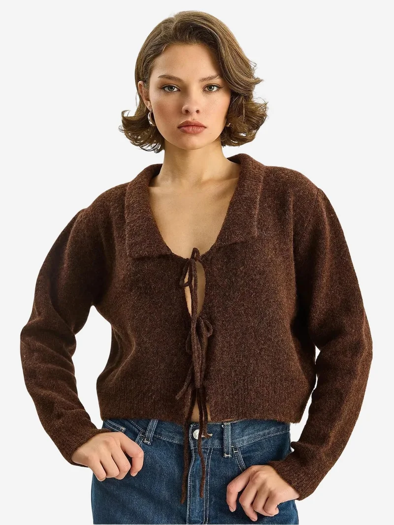 Bianco Lucci LUCCI Oversized V-Neck Tie Closure Ribbed Cardigan
