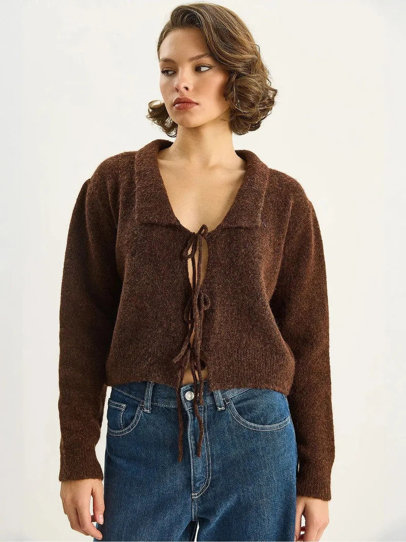 Bianco Lucci LUCCI Oversized V-Neck Tie Closure Ribbed Cardigan