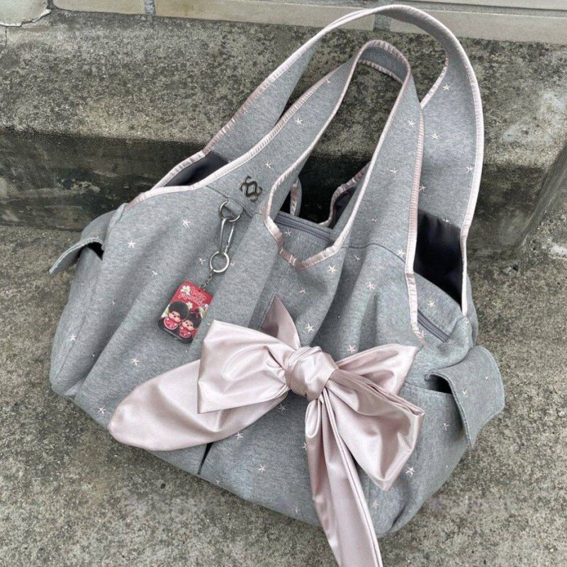 Korean Bow & Star Print Shoulder Tote Bag - Image 1