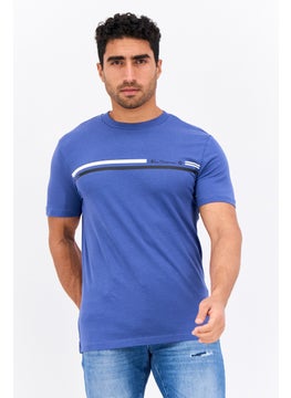 Men Crew Neck Short Sleeves Brand Logo T-Shirt, Blue