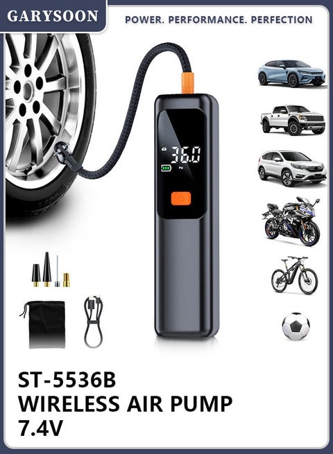 【GARYSOON】Cordless Tire Inflator, 60W Portable Air Pump 7.4V with Digital Pressure Display, LED Light, USB-C Charging for Car, Bike & Motorcycle