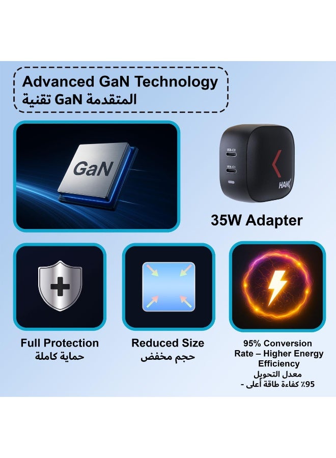 هاك شاحن سريع 35 واط GaN Gen Dual USB-C، محول طاقة PD صغير الحجم لأجهزة iPhone 17/16/15، iPad، Galaxy S24/S23، Pixel، Huawei، Xiaomi، MacBook Air - قابس شاحن سفر خفيف الوزن - أسود - Image 4