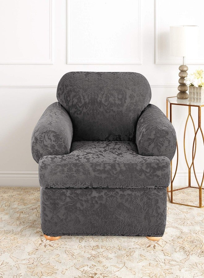 شورفيت غطاء كرسي من قطعتين بنقشة الجاكار الدمشقي المطاطية من SureFit - رمادي (SF41458) - Image 2