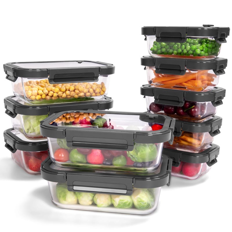 BOROHOUSE 10-Pack Glass Food Storage Containers with Tempered Lids â€“ Borosilicate, Airtight, Oven-Safe (-4Â°F~950Â°F), BPA-Free, 4.4 & 1.6 Cup, Leak-Proof, Dishwasher Safe (Gray) - Image 1