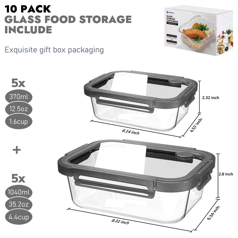 BOROHOUSE 10-Pack Glass Food Storage Containers with Tempered Lids â€“ Borosilicate, Airtight, Oven-Safe (-4Â°F~950Â°F), BPA-Free, 4.4 & 1.6 Cup, Leak-Proof, Dishwasher Safe (Gray) - Image 2