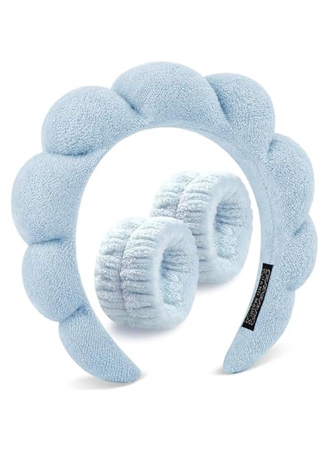 MIXDE Spa Headband For Washing Face Wristband Set, Skincare Makeup Headbands For Women, Bubble Make Up Headbands Teen Girl Gifts, Terry Cloth Puffy Hairband Get Ready Hair Accessory (blue) - Image 1
