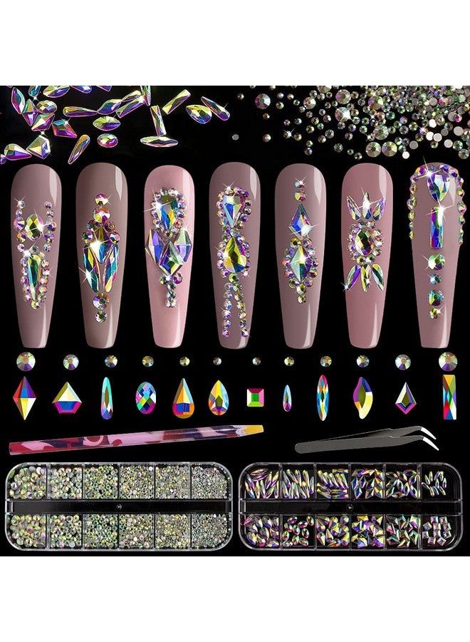 BELLEBOOST Multi Shapes 3D Glass Ab Crystal Nail Art Rhinestones Kit With Flatback Round Bead Charm Gem Stone Jewelry Diamond With Pickup Pen + Tweezer For Manicure Craft Decoration By Belleboost (Iridescent) - Image 1