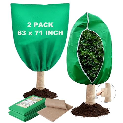SDLDEER 2 Pack 63 x 71 Inch Plant Covers Freeze Protection, Frost Cloth Plant Freeze Protection With Burlap Tree Wrap, Reusable Breathable Freeze Blankets With Drawstring for Fruit Tree Shrub Potted - Image 1
